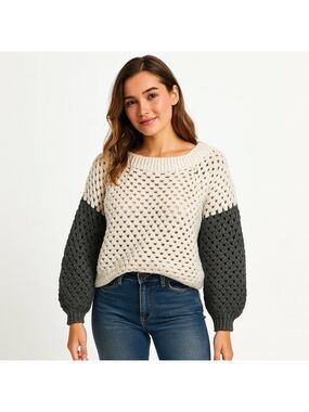 Granny Square Crochet Sweater M Cream Grey Hand Knit Cozycore Cottagecore Boho